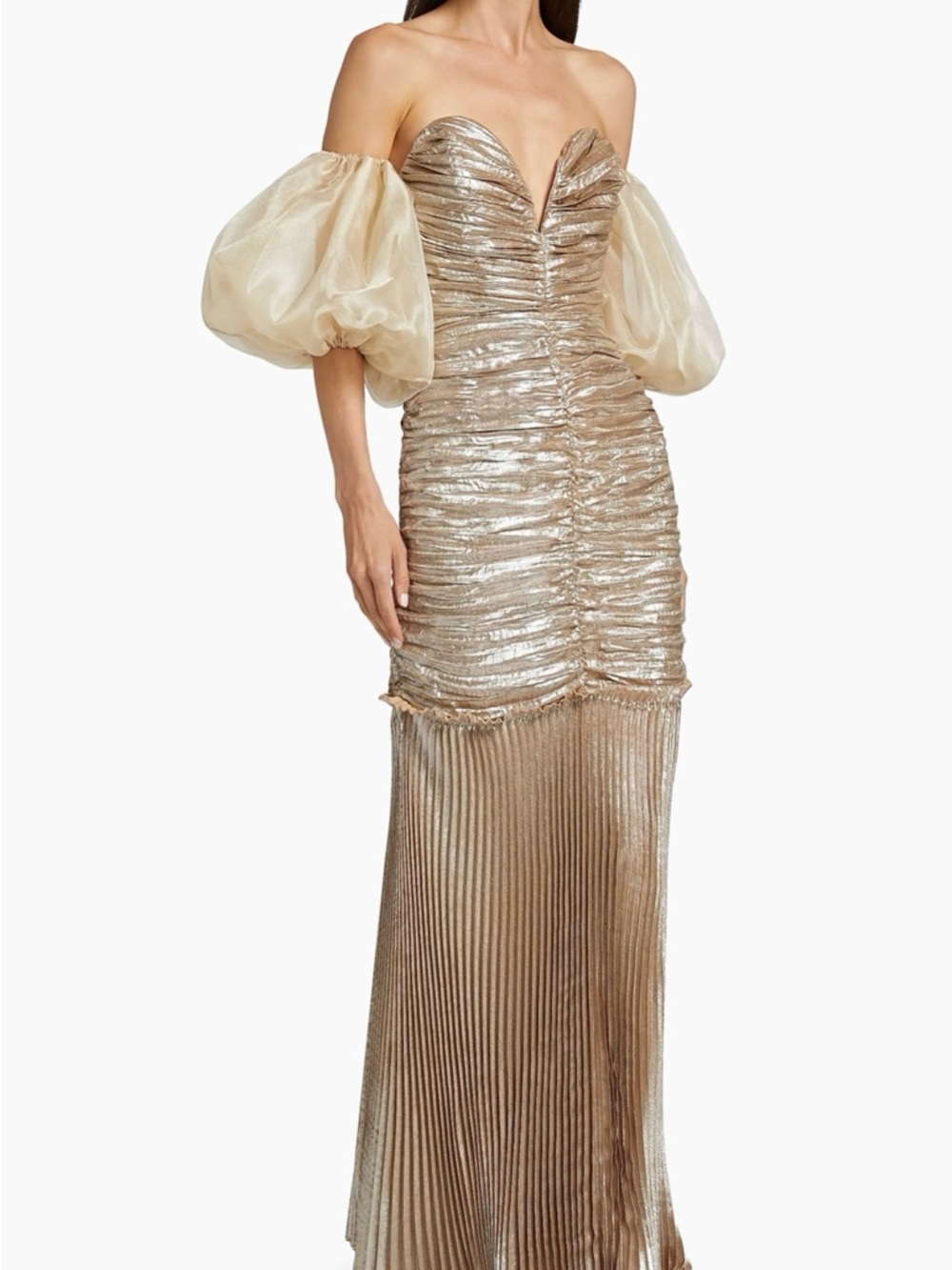 L’Idee La Fete Parlour Metallic Ruched Balloon-Sleeve Gown
